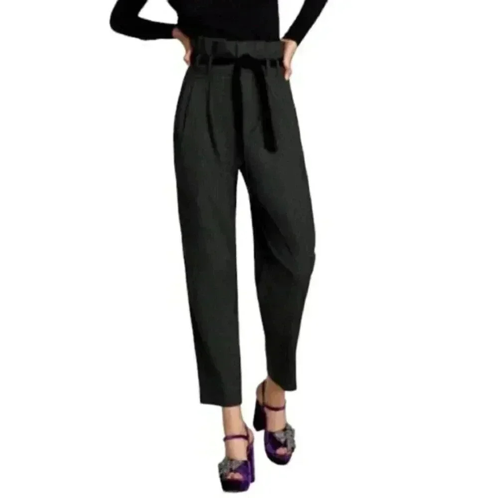 Zara Paper Bag Striped Pinstripe Pants  High Waisted Gray Size XS